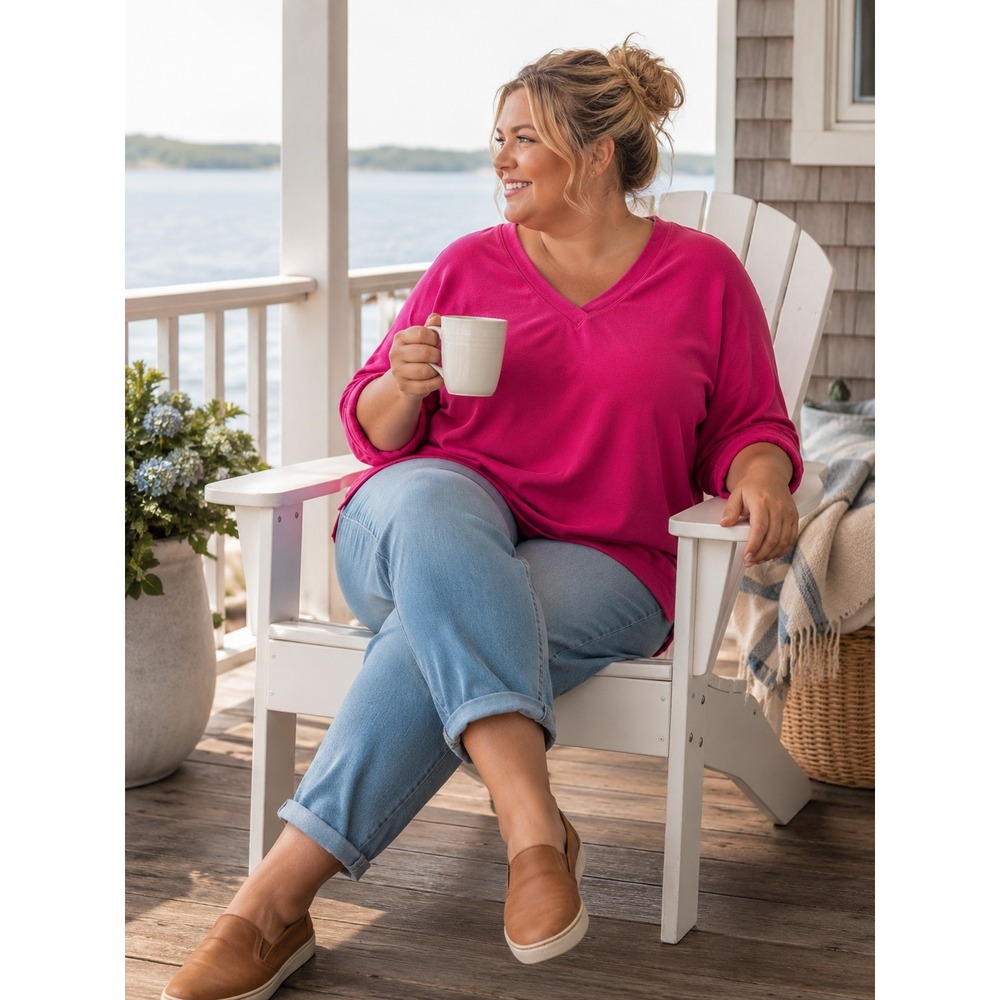 Made For Life Women 2X Hot Pink Microfleece Pullover V Neck Long Sleeve Cozy Top
